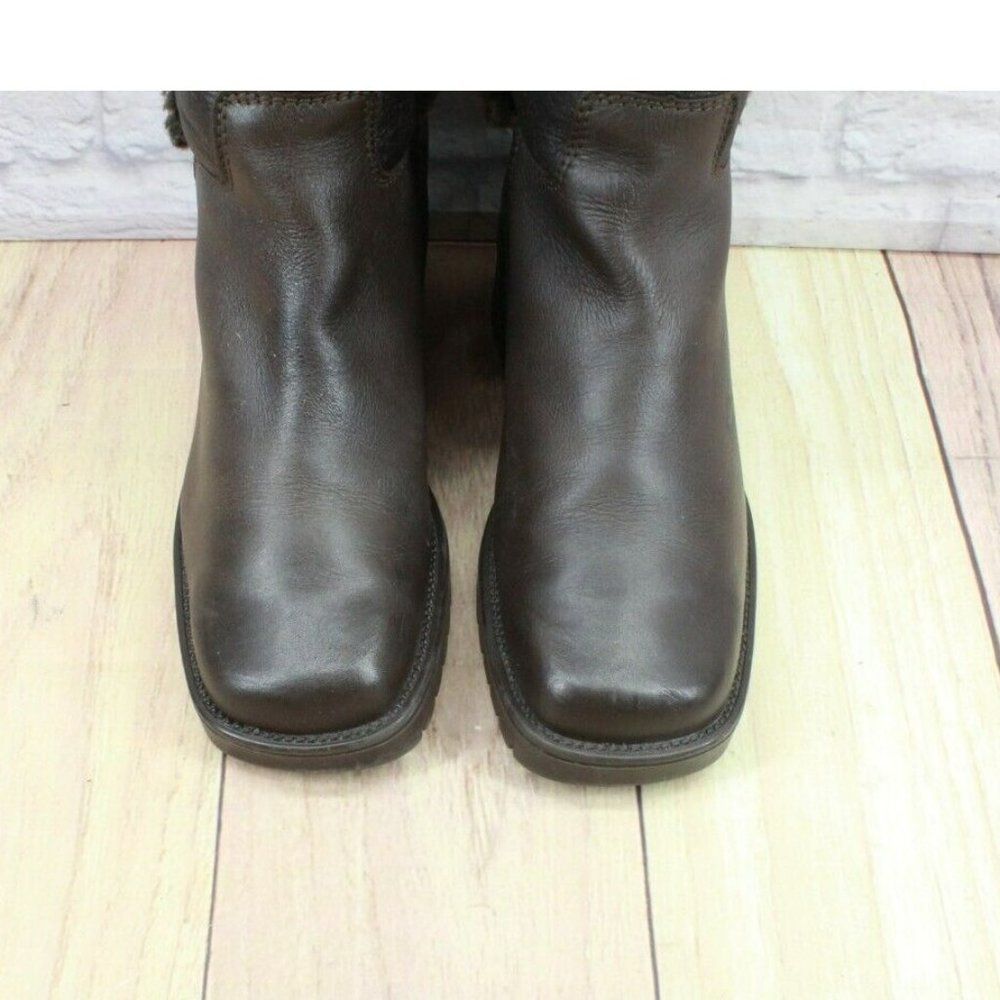 LL Bean Brown Leather Pull On Faux Fur Heeled Tall Boots Size 8 - Picture 5 of 11